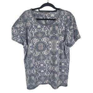 Free People Top Large Womens Short Sleeve Grey White Print Pullover Crew Neck